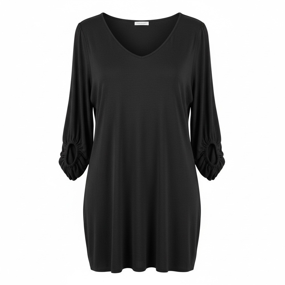 First Love by Lovelyn Black V-Neck Top Women's 1X Ruched Sleeve